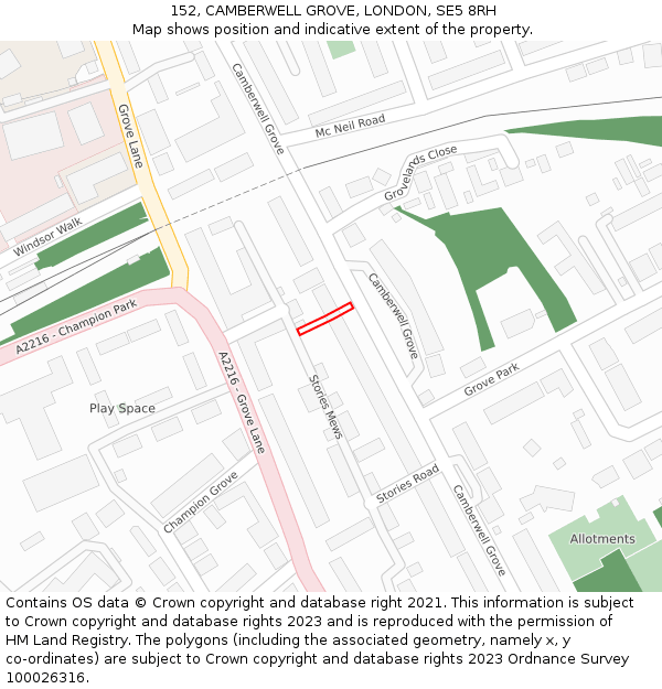152, CAMBERWELL GROVE, LONDON, SE5 8RH: Location map and indicative extent of plot