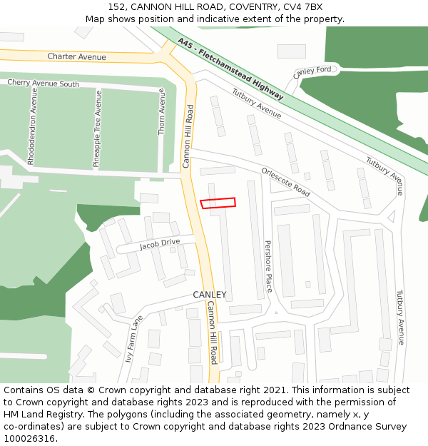 152, CANNON HILL ROAD, COVENTRY, CV4 7BX: Location map and indicative extent of plot
