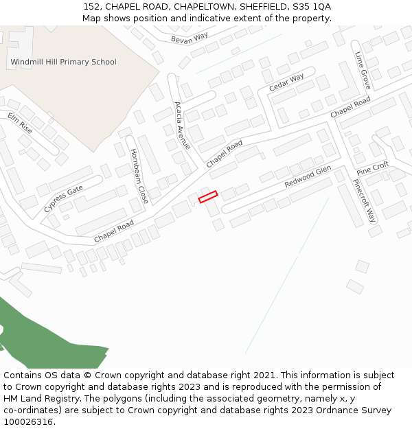 152, CHAPEL ROAD, CHAPELTOWN, SHEFFIELD, S35 1QA: Location map and indicative extent of plot