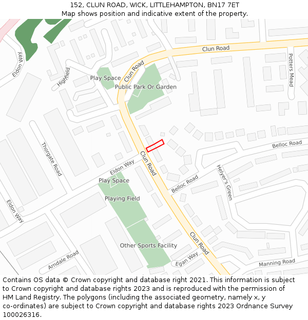 152, CLUN ROAD, WICK, LITTLEHAMPTON, BN17 7ET: Location map and indicative extent of plot