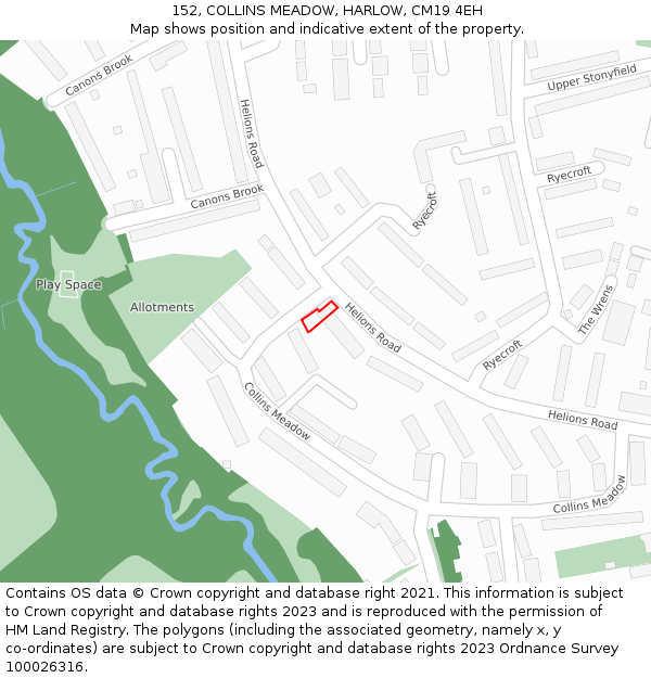 152, COLLINS MEADOW, HARLOW, CM19 4EH: Location map and indicative extent of plot
