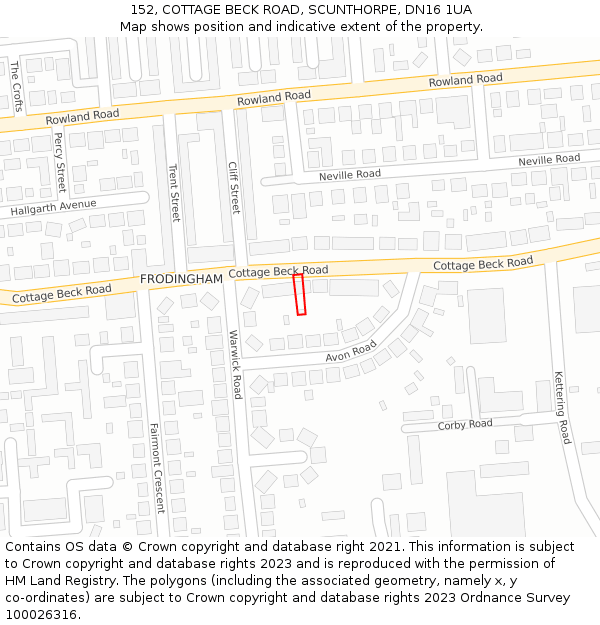 152, COTTAGE BECK ROAD, SCUNTHORPE, DN16 1UA: Location map and indicative extent of plot