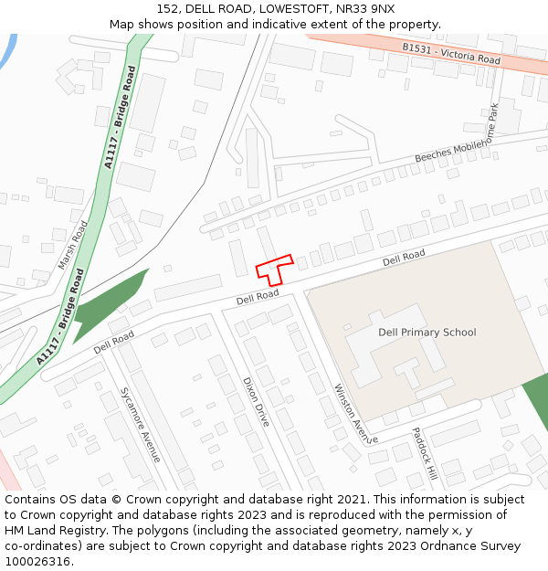 152, DELL ROAD, LOWESTOFT, NR33 9NX: Location map and indicative extent of plot