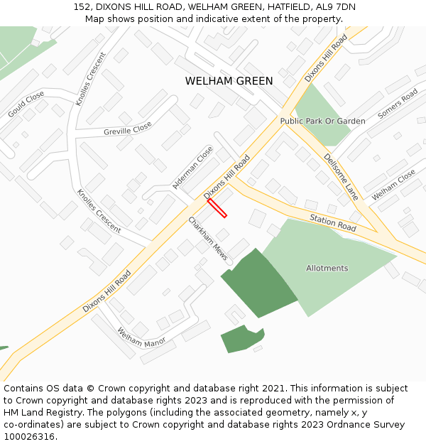 152, DIXONS HILL ROAD, WELHAM GREEN, HATFIELD, AL9 7DN: Location map and indicative extent of plot