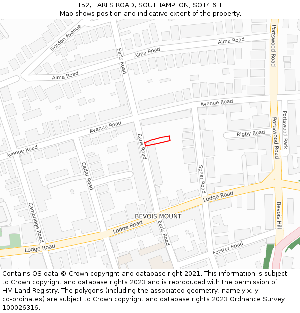 152, EARLS ROAD, SOUTHAMPTON, SO14 6TL: Location map and indicative extent of plot
