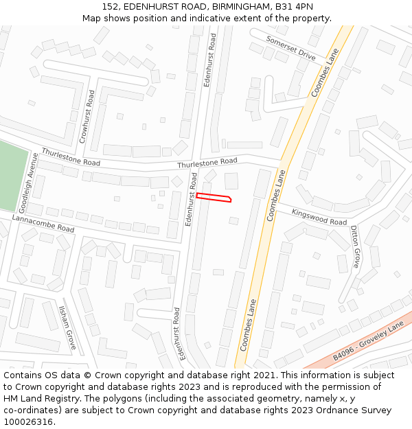 152, EDENHURST ROAD, BIRMINGHAM, B31 4PN: Location map and indicative extent of plot