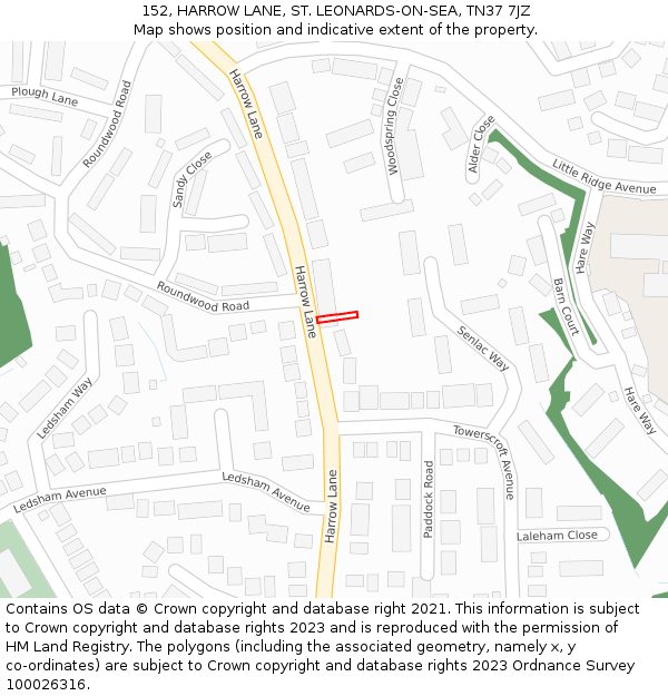 152, HARROW LANE, ST. LEONARDS-ON-SEA, TN37 7JZ: Location map and indicative extent of plot