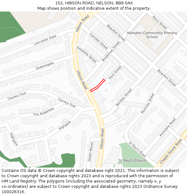 152, HIBSON ROAD, NELSON, BB9 0AX: Location map and indicative extent of plot