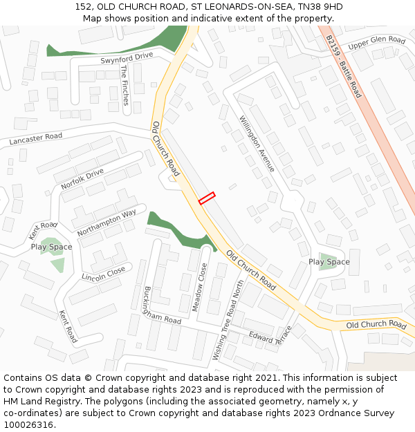 152, OLD CHURCH ROAD, ST LEONARDS-ON-SEA, TN38 9HD: Location map and indicative extent of plot
