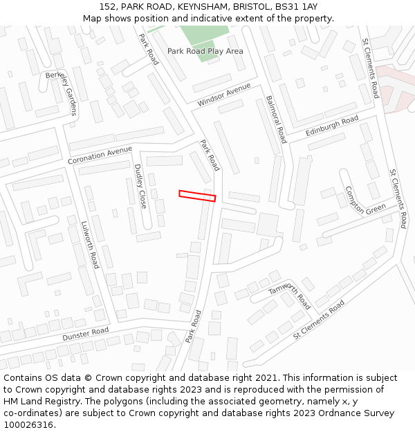 152, PARK ROAD, KEYNSHAM, BRISTOL, BS31 1AY: Location map and indicative extent of plot