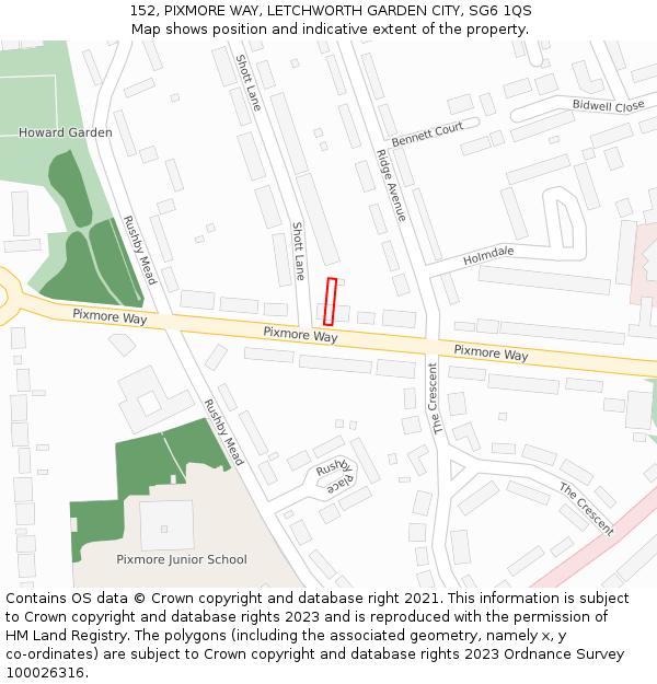 152, PIXMORE WAY, LETCHWORTH GARDEN CITY, SG6 1QS: Location map and indicative extent of plot