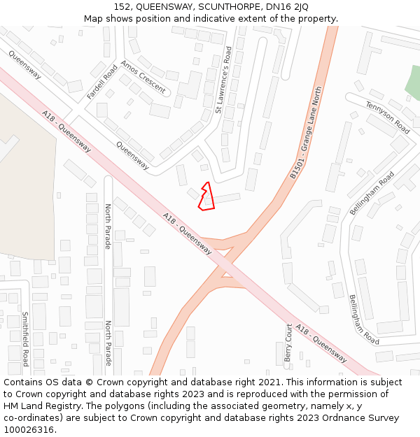 152, QUEENSWAY, SCUNTHORPE, DN16 2JQ: Location map and indicative extent of plot
