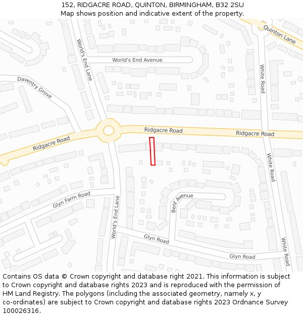 152, RIDGACRE ROAD, QUINTON, BIRMINGHAM, B32 2SU: Location map and indicative extent of plot