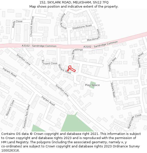152, SKYLARK ROAD, MELKSHAM, SN12 7FQ: Location map and indicative extent of plot