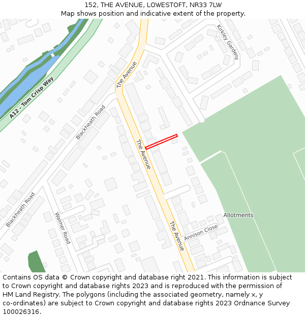 152, THE AVENUE, LOWESTOFT, NR33 7LW: Location map and indicative extent of plot