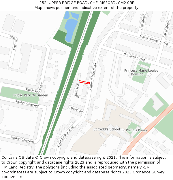 152, UPPER BRIDGE ROAD, CHELMSFORD, CM2 0BB: Location map and indicative extent of plot