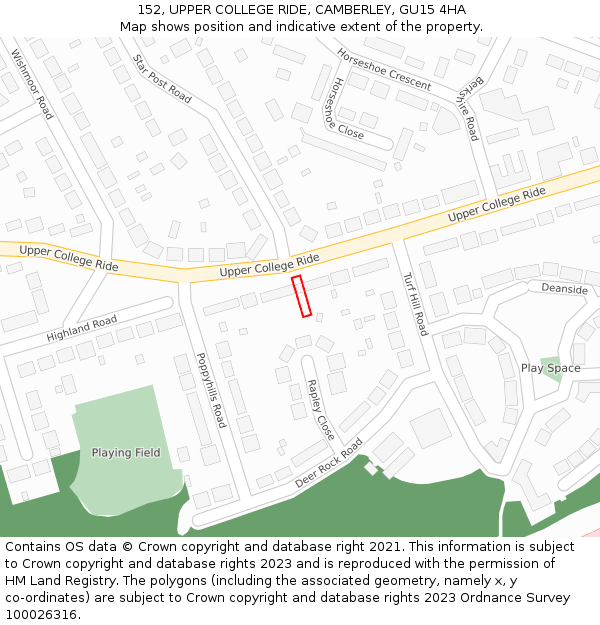 152, UPPER COLLEGE RIDE, CAMBERLEY, GU15 4HA: Location map and indicative extent of plot