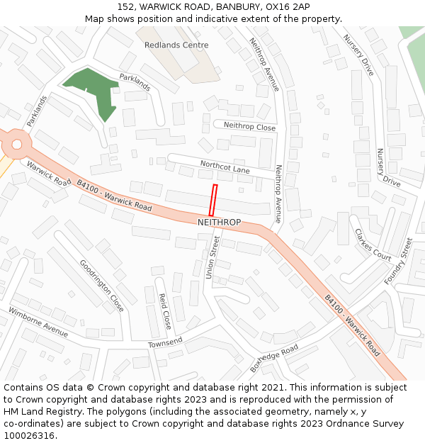 152, WARWICK ROAD, BANBURY, OX16 2AP: Location map and indicative extent of plot