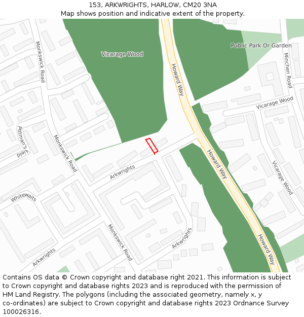 153, ARKWRIGHTS, HARLOW, CM20 3NA: Location map and indicative extent of plot