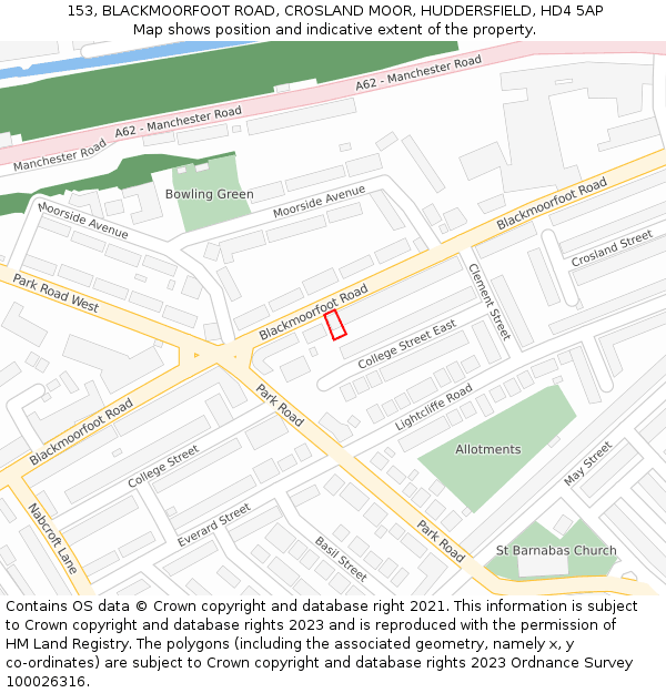 153, BLACKMOORFOOT ROAD, CROSLAND MOOR, HUDDERSFIELD, HD4 5AP: Location map and indicative extent of plot
