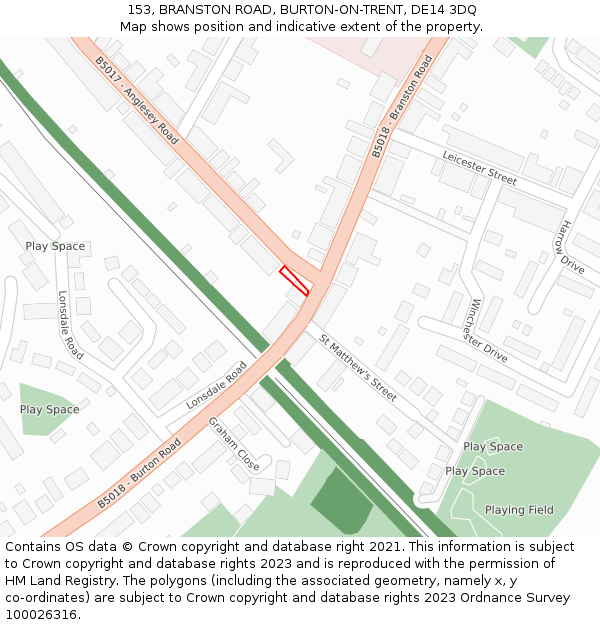 153, BRANSTON ROAD, BURTON-ON-TRENT, DE14 3DQ: Location map and indicative extent of plot