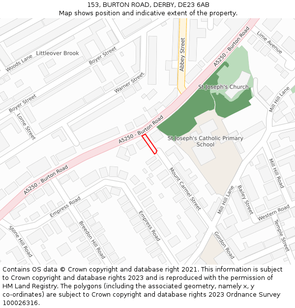 153, BURTON ROAD, DERBY, DE23 6AB: Location map and indicative extent of plot