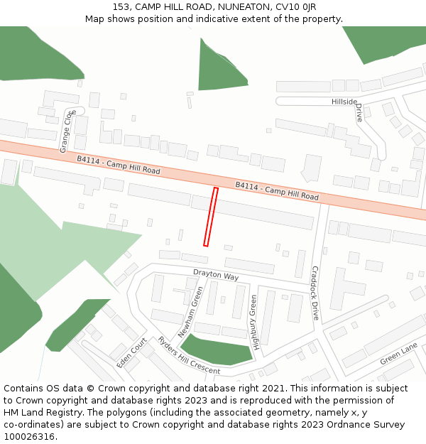 153, CAMP HILL ROAD, NUNEATON, CV10 0JR: Location map and indicative extent of plot
