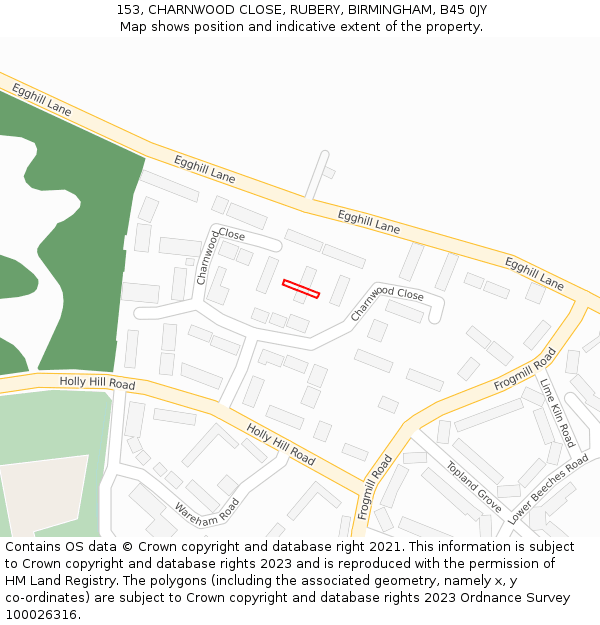 153, CHARNWOOD CLOSE, RUBERY, BIRMINGHAM, B45 0JY: Location map and indicative extent of plot