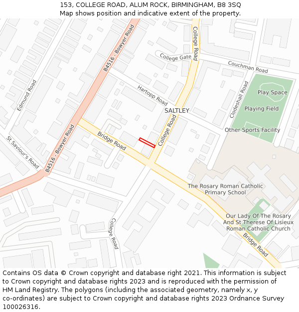 153, COLLEGE ROAD, ALUM ROCK, BIRMINGHAM, B8 3SQ: Location map and indicative extent of plot