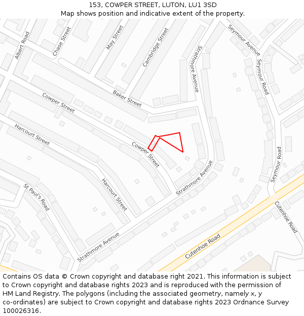 153, COWPER STREET, LUTON, LU1 3SD: Location map and indicative extent of plot