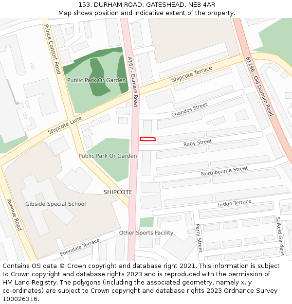 153, DURHAM ROAD, GATESHEAD, NE8 4AR: Location map and indicative extent of plot