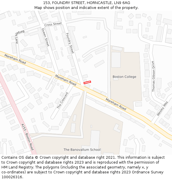 153, FOUNDRY STREET, HORNCASTLE, LN9 6AG: Location map and indicative extent of plot