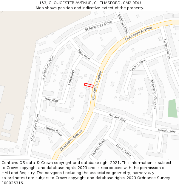 153, GLOUCESTER AVENUE, CHELMSFORD, CM2 9DU: Location map and indicative extent of plot