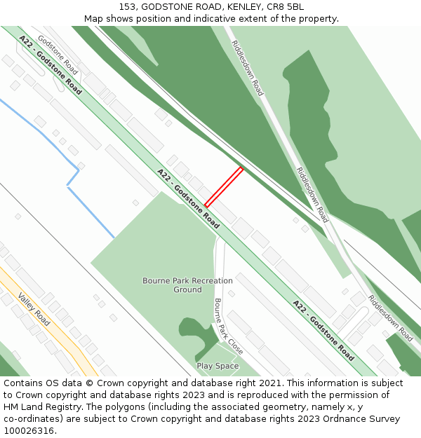153, GODSTONE ROAD, KENLEY, CR8 5BL: Location map and indicative extent of plot
