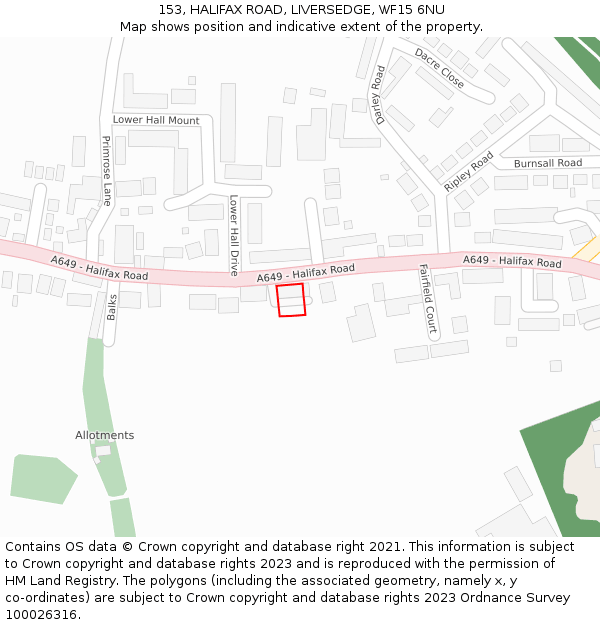 153, HALIFAX ROAD, LIVERSEDGE, WF15 6NU: Location map and indicative extent of plot