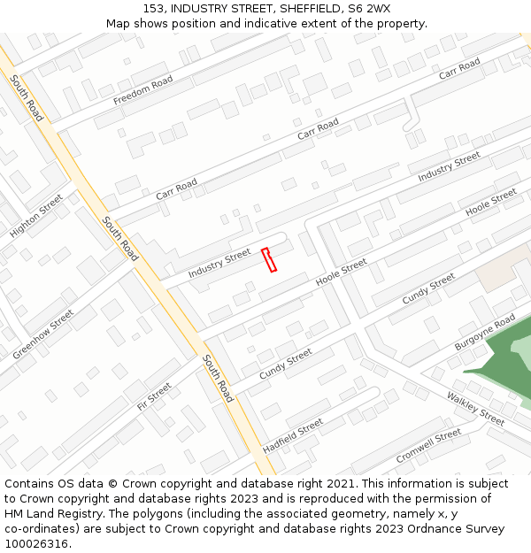 153, INDUSTRY STREET, SHEFFIELD, S6 2WX: Location map and indicative extent of plot