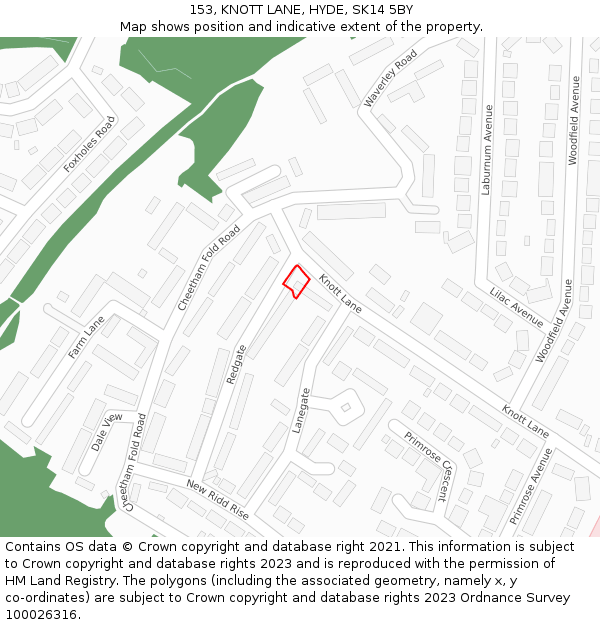 153, KNOTT LANE, HYDE, SK14 5BY: Location map and indicative extent of plot