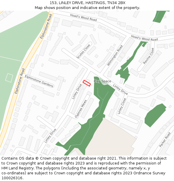 153, LINLEY DRIVE, HASTINGS, TN34 2BX: Location map and indicative extent of plot