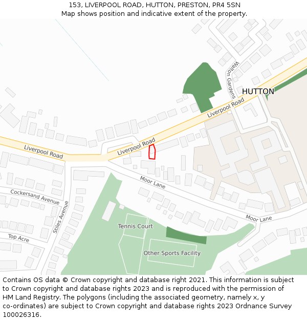 153, LIVERPOOL ROAD, HUTTON, PRESTON, PR4 5SN: Location map and indicative extent of plot