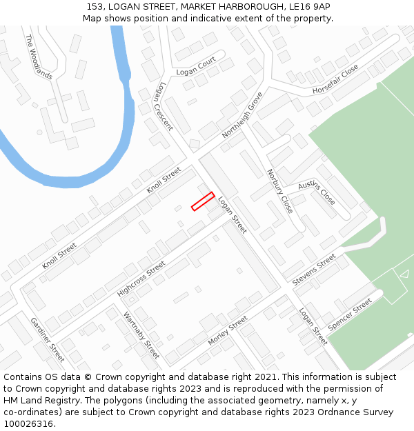 153, LOGAN STREET, MARKET HARBOROUGH, LE16 9AP: Location map and indicative extent of plot