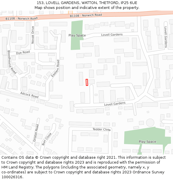 153, LOVELL GARDENS, WATTON, THETFORD, IP25 6UE: Location map and indicative extent of plot