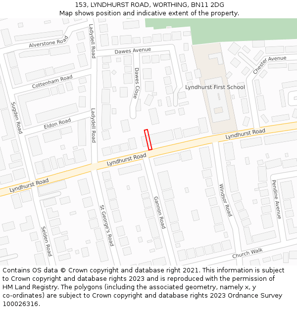 153, LYNDHURST ROAD, WORTHING, BN11 2DG: Location map and indicative extent of plot