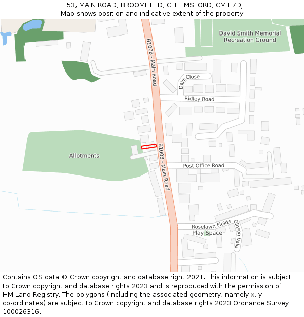 153, MAIN ROAD, BROOMFIELD, CHELMSFORD, CM1 7DJ: Location map and indicative extent of plot