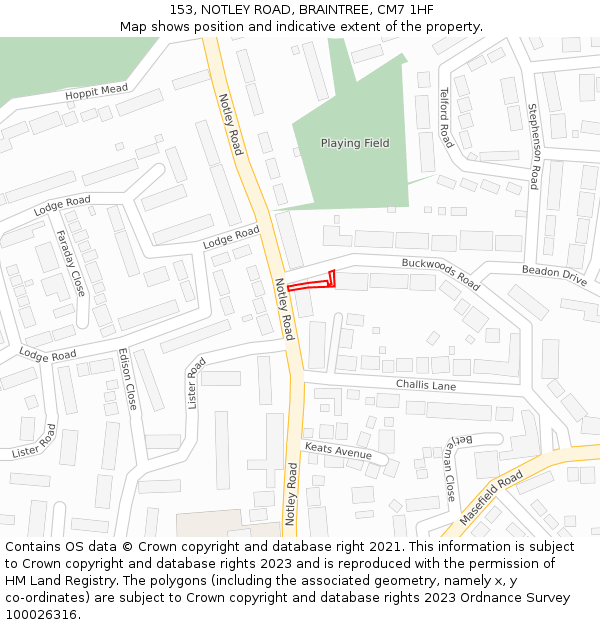 153, NOTLEY ROAD, BRAINTREE, CM7 1HF: Location map and indicative extent of plot