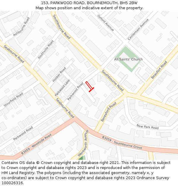 153, PARKWOOD ROAD, BOURNEMOUTH, BH5 2BW: Location map and indicative extent of plot
