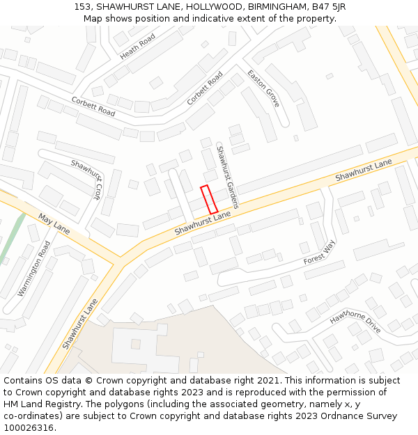 153, SHAWHURST LANE, HOLLYWOOD, BIRMINGHAM, B47 5JR: Location map and indicative extent of plot