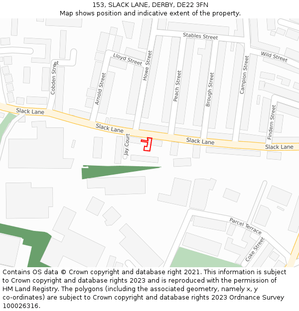 153, SLACK LANE, DERBY, DE22 3FN: Location map and indicative extent of plot
