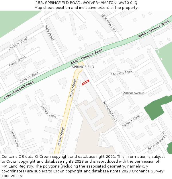 153, SPRINGFIELD ROAD, WOLVERHAMPTON, WV10 0LQ: Location map and indicative extent of plot