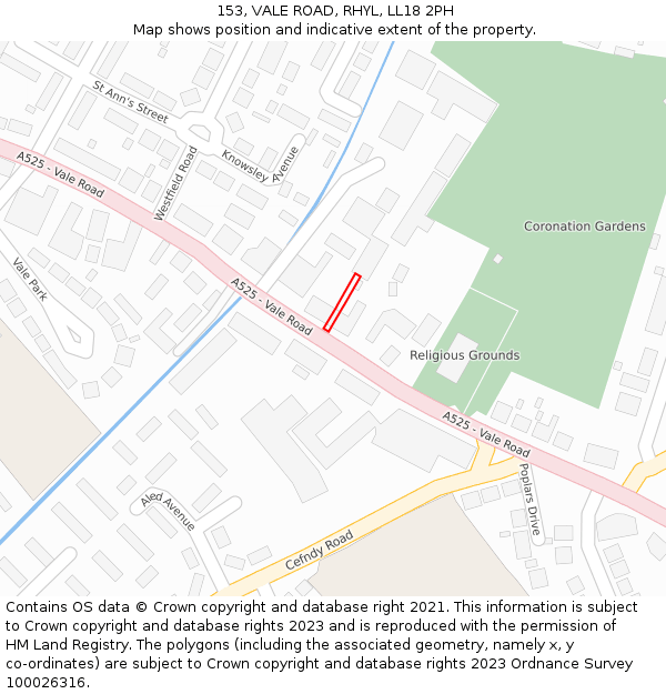 153, VALE ROAD, RHYL, LL18 2PH: Location map and indicative extent of plot