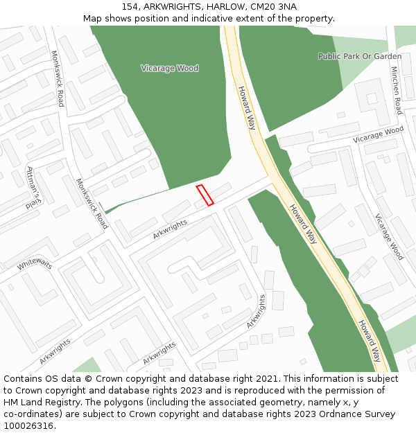 154, ARKWRIGHTS, HARLOW, CM20 3NA: Location map and indicative extent of plot